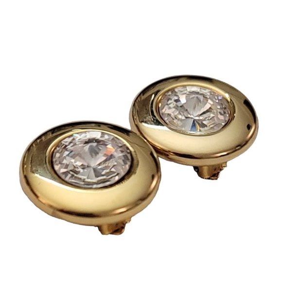 Gold Tone Clear Center Rivoli Rhinestone Clip On Earrings K848 - Picture 5 of 11